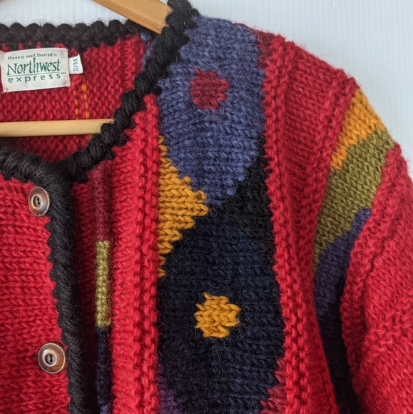 VINTAGE boho red chunky knit cardigan sweater - Picture 4 of 10